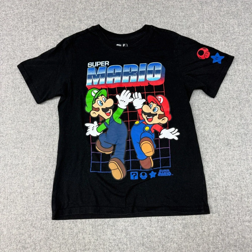 Nintendo Super Mario Luigi Graphic T-Shirt Size 10/12 Black Short Sleeve Youth